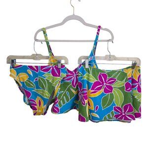 La Blanca Tropi-Flage 3 Piece Tankini Set Top High Waist Bottom Skirt Size 10/M